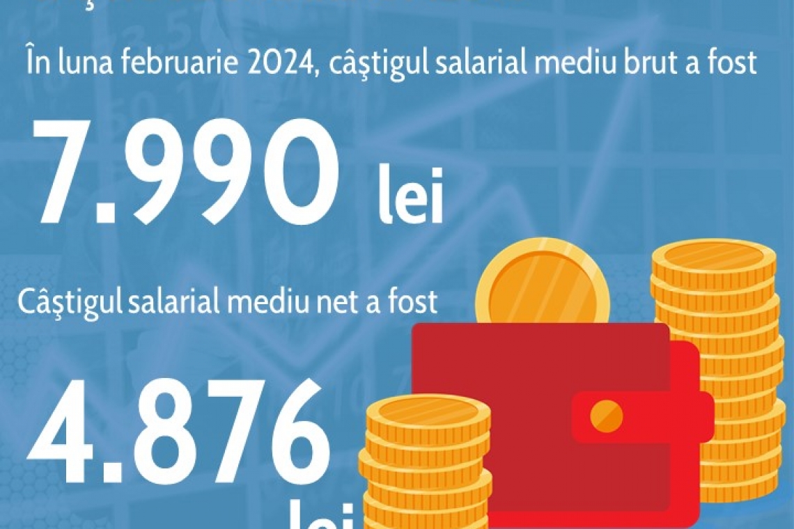 INS | Câştigul salarial mediu brut pe economie în luna febuarie 2024 a fost 7.990 lei şi cel net 4.876 lei