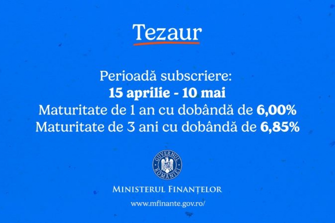 A cincea ediție din 2024, de titluri de stat TEZAUR are dobânzi neimpozabile de până la 6,85% pe an 