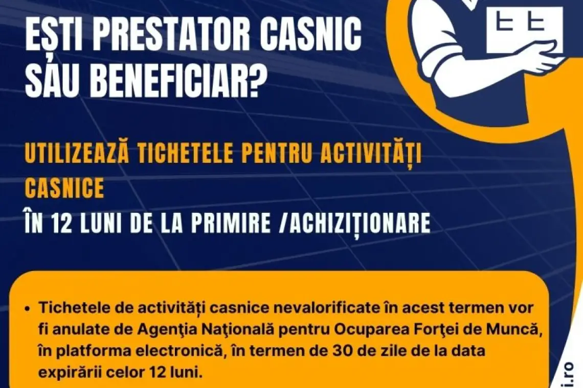 Tichetele de activități casnice pot fi valorificate în termen de 12 luni de la achiziționare sau de la primire