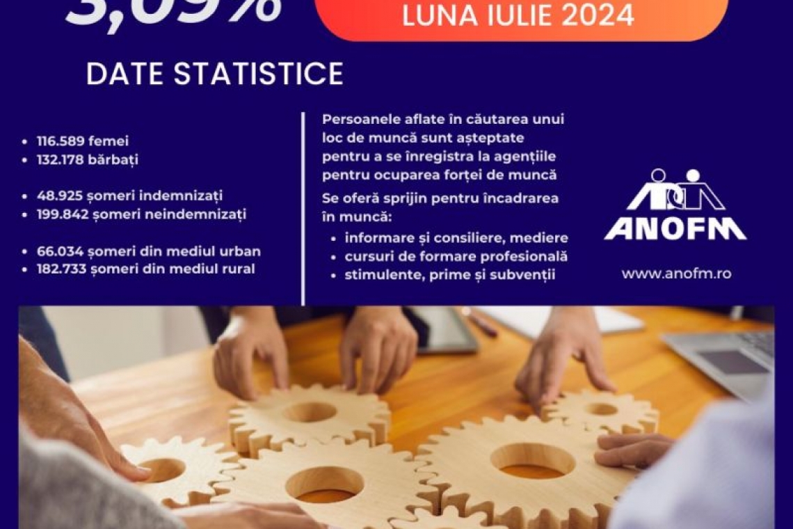 3,09%, rata şomajului înregistrat în evidenţele ANOFM în luna iulie 2024