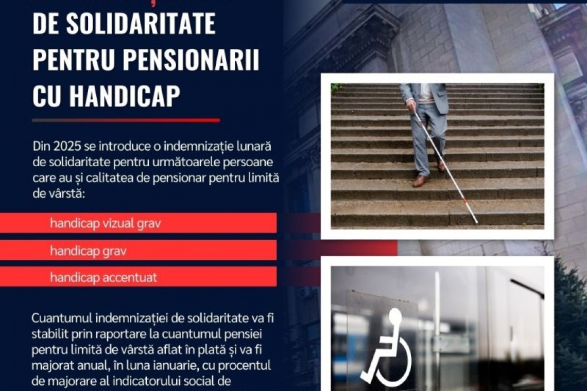 Indemnizație lunară de solidaritate pentru pensionarii cu handicap vizual grav, handicap grav și handicap accentuat