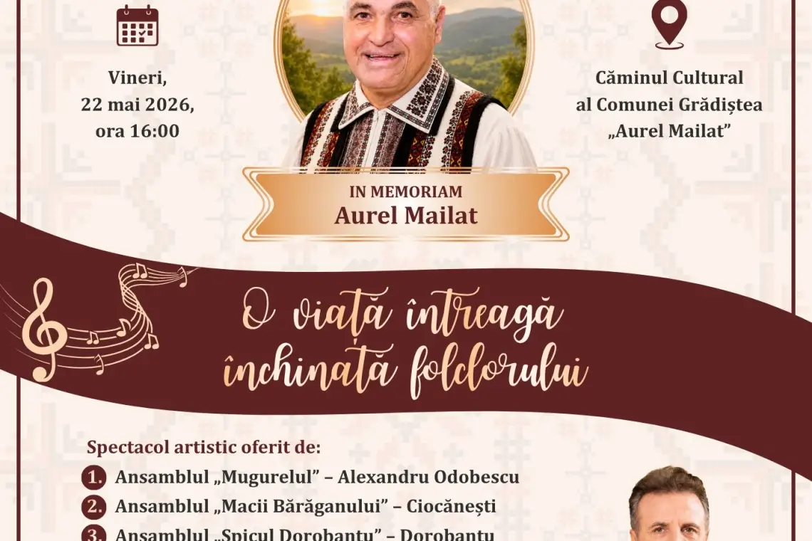 Grădiștea | Evenimentul cultural „Aurel Mailat - O viață întreagă închinată folclorului” ajunge la a III-a ediție