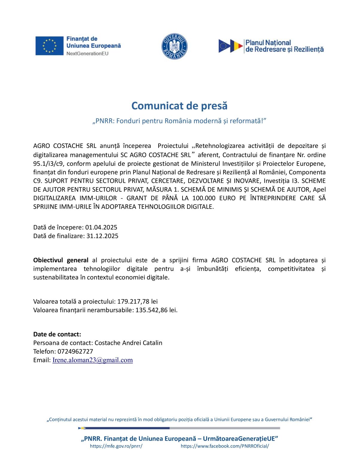 Comunicat de Presa PNRR Incepere Proiect 2