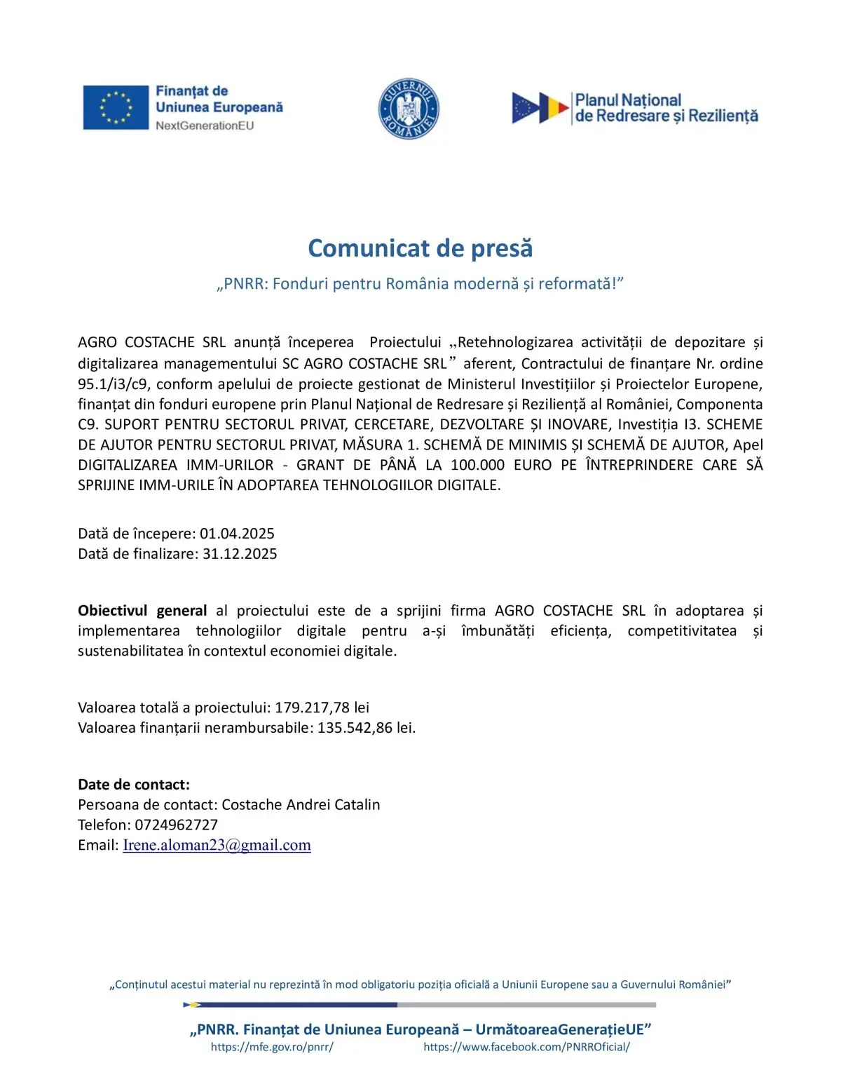 Comunicat de Presa PNRR Incepere Proiect 2