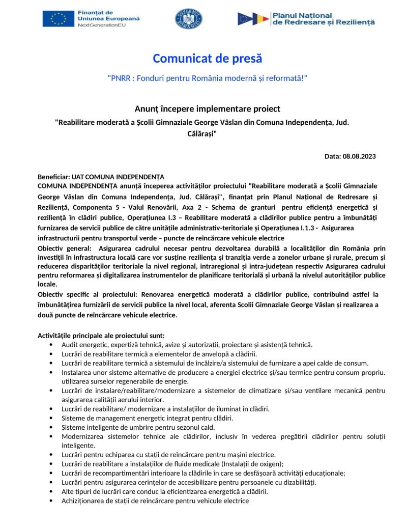 Comunicat de presa Independenta PNRR 1